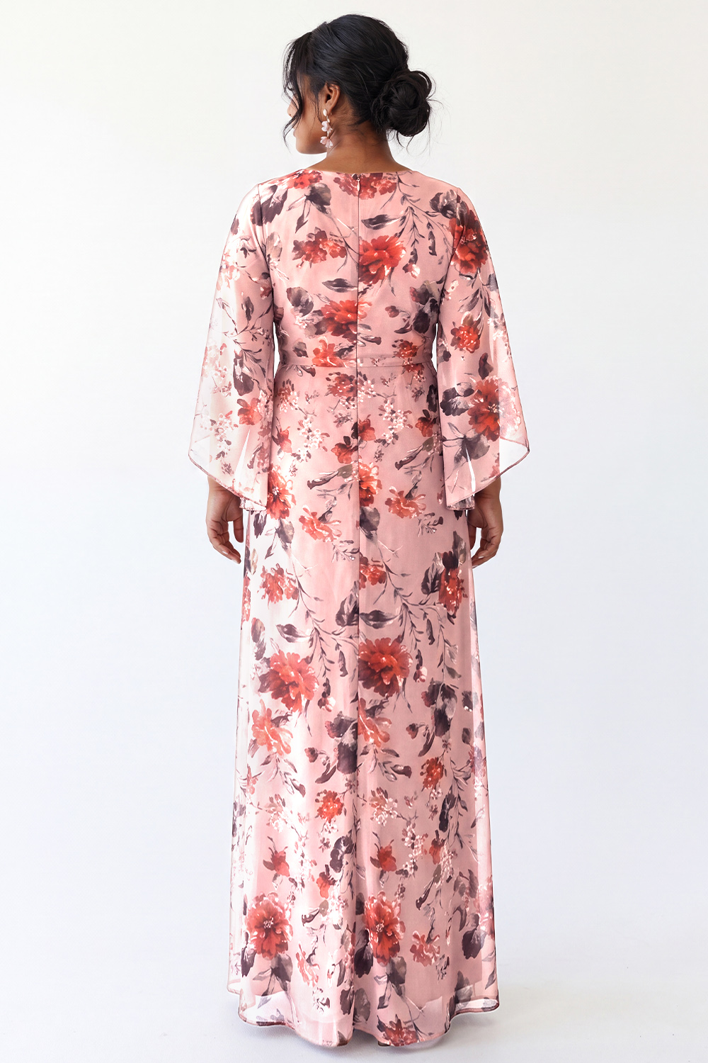Dusty Rose Floral V-Neck Mermaid Long Plus Size Mother of the Bride Dress with Flare Sleeves