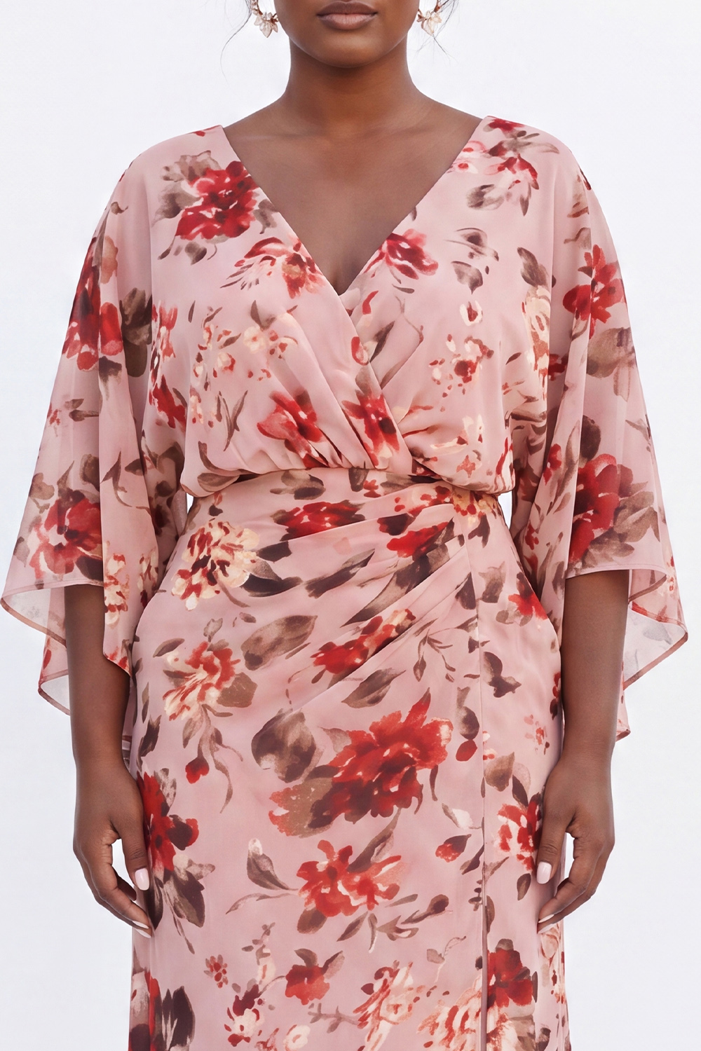Dusty Rose Floral V-Neck Mermaid Long Plus Size Mother of the Bride Dress with Flare Sleeves