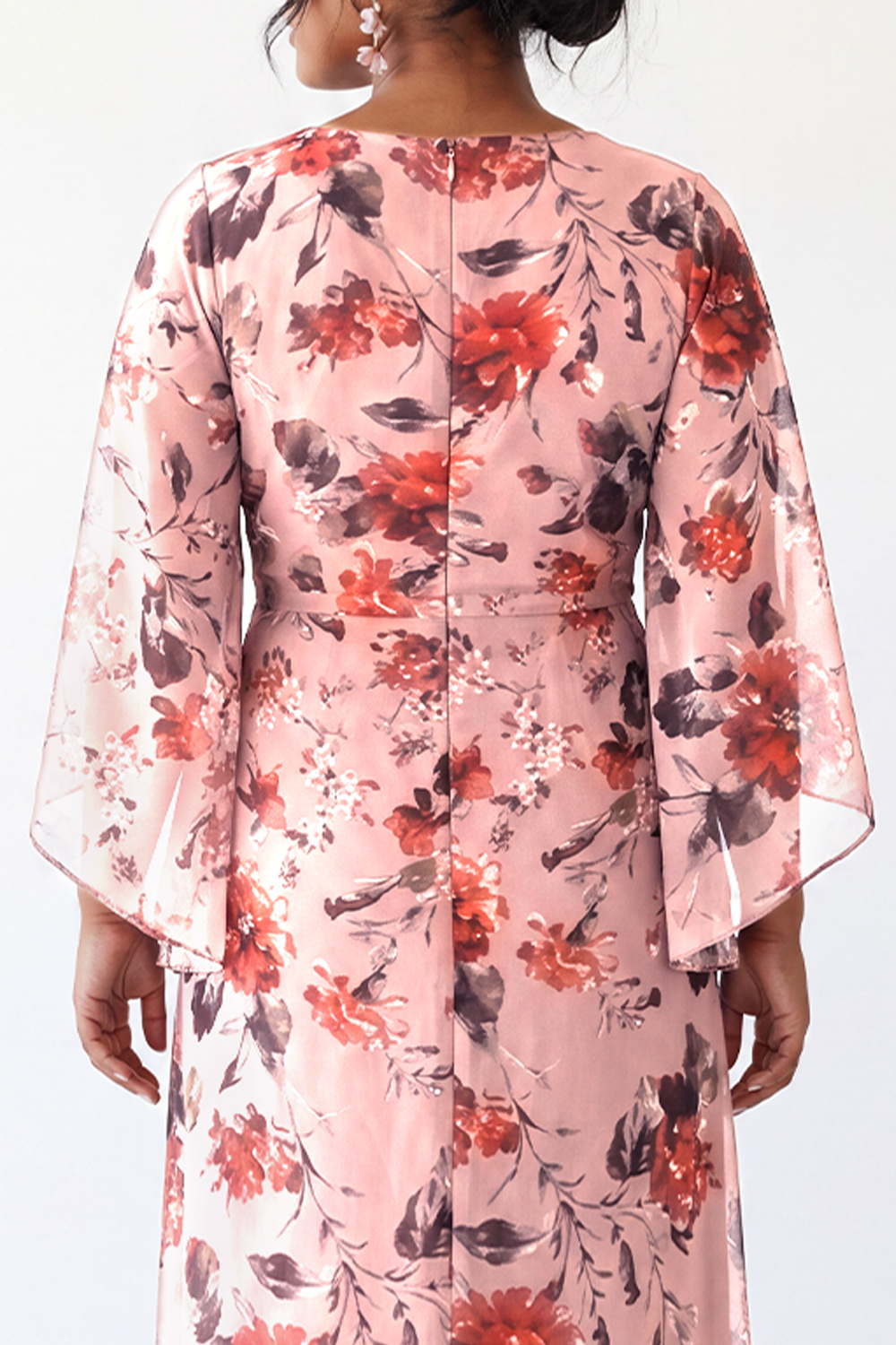 Dusty Rose Floral V-Neck Mermaid Long Plus Size Mother of the Bride Dress with Flare Sleeves