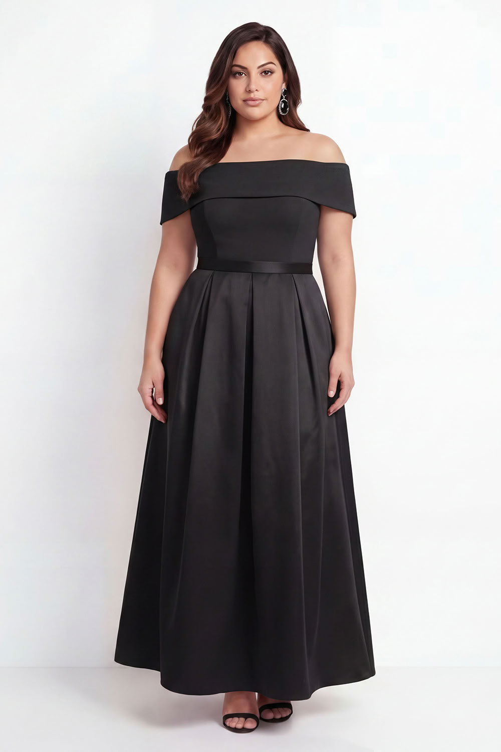 Dressself Women Black Formal Dress Off the Shoulder A-Line Plus Size Long Evening Dress
