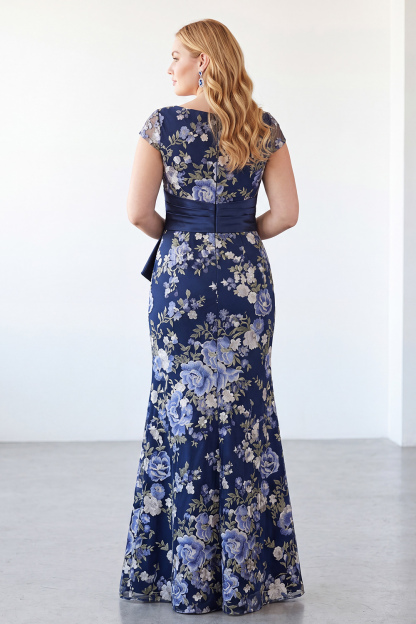 Navy Mermaid Floral Long Plus Size Mother of the Bride Dress with Slit 
