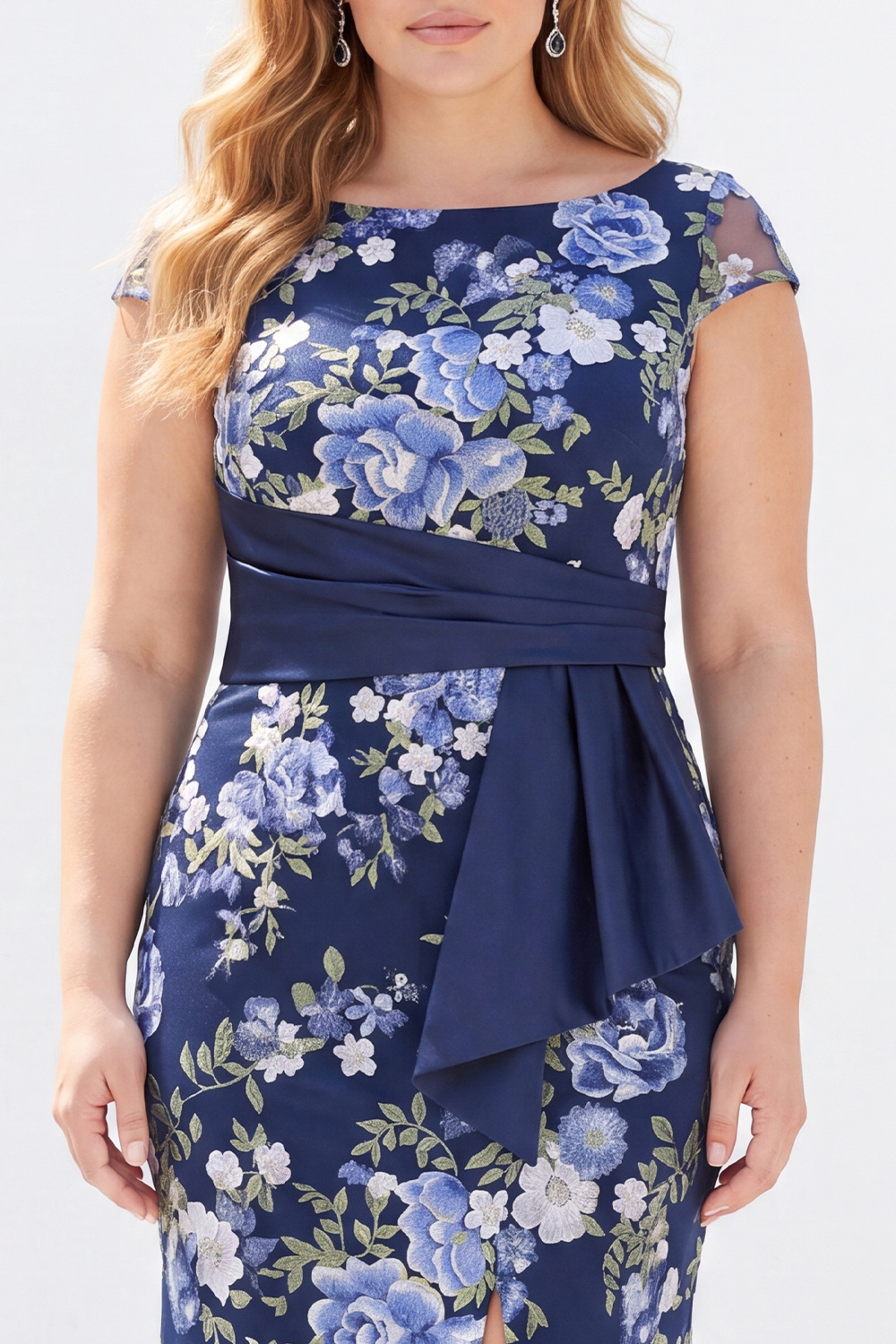 Navy Mermaid Floral Long Plus Size Mother of the Bride Dress with Slit 