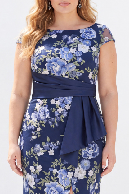 Navy Mermaid Floral Long Plus Size Mother of the Bride Dress with Slit 