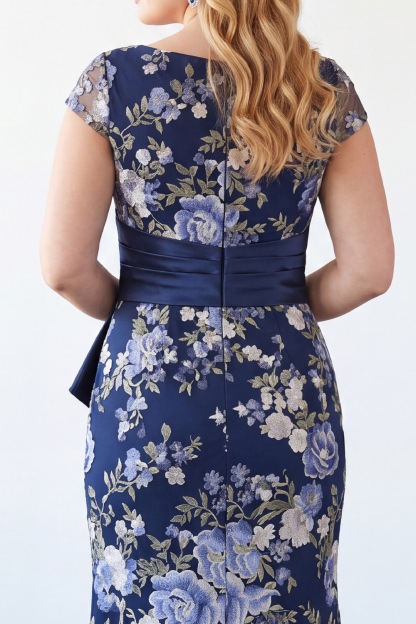 Navy Mermaid Floral Long Plus Size Mother of the Bride Dress with Slit 