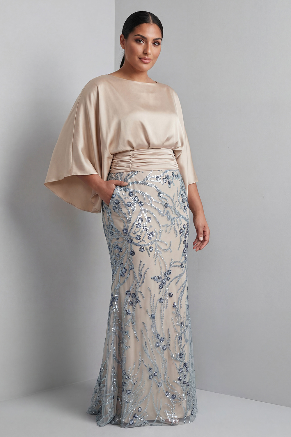Champagne Sequins Floral Bateau Neck Long Sleeve Mermaid Mother Of Bride Dress