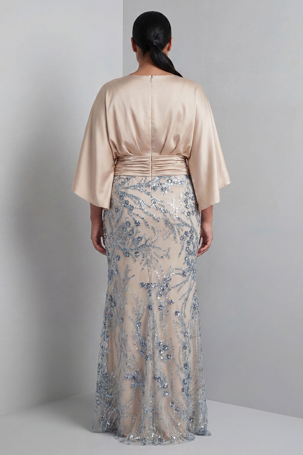 Champagne Sequins Floral Bateau Neck Long Sleeve Mermaid Mother Of Bride Dress