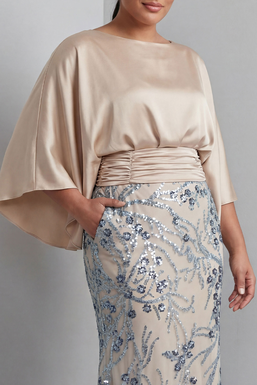 Champagne Sequins Floral Bateau Neck Long Sleeve Mermaid Mother Of Bride Dress