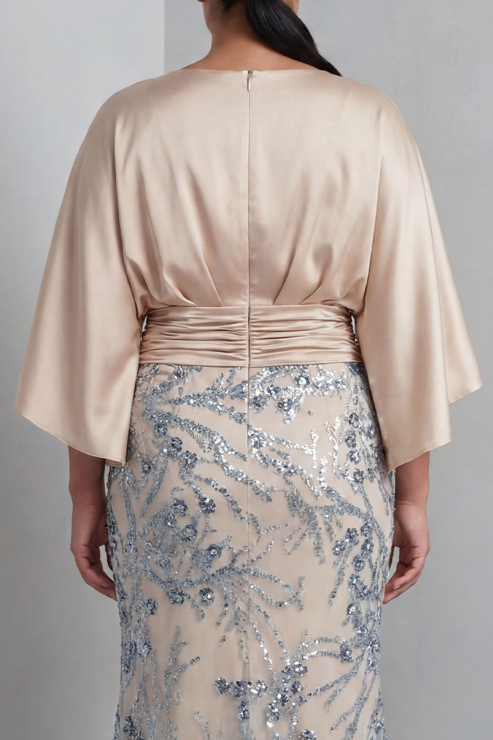 Champagne Sequins Floral Bateau Neck Long Sleeve Mermaid Mother Of Bride Dress