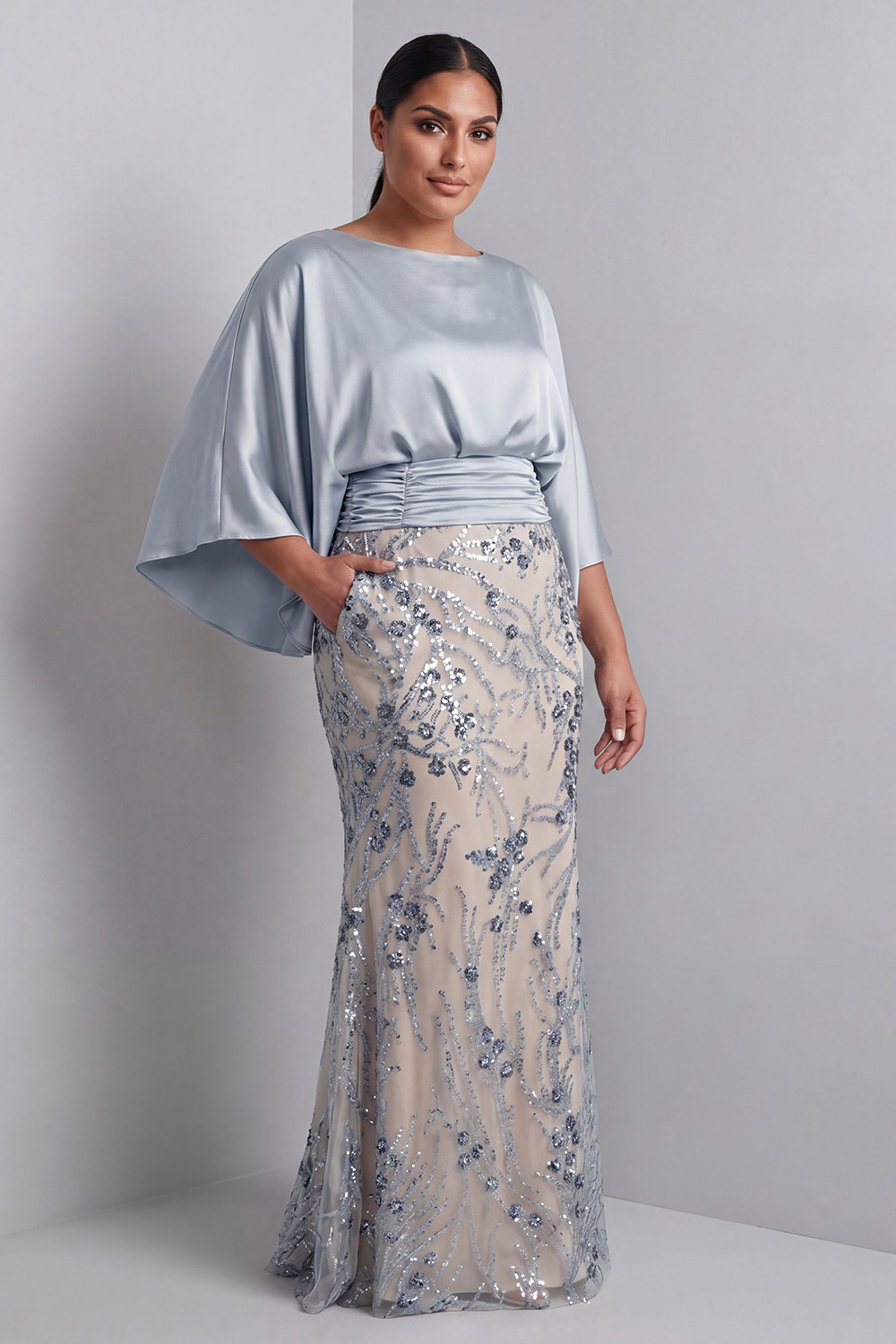 Champagne Sequins Floral Bateau Neck Long Sleeve Mermaid Mother Of Bride Dress