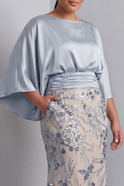 Champagne Sequins Floral Bateau Neck Long Sleeve Mermaid Mother Of Bride Dress