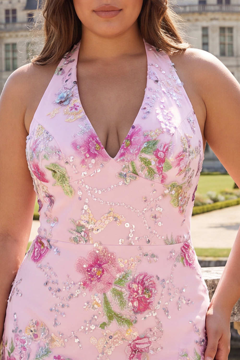 Plus Size Halter Pink Floral Sequin Bodycon Homecoming Dress