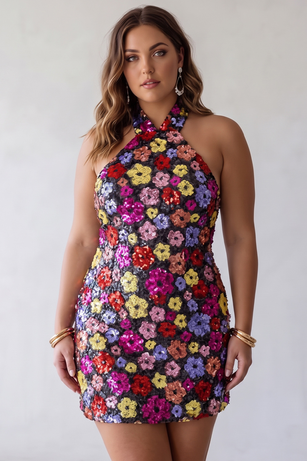 Black Bodycon Sequin Floral Plus Size Homecoming Dress
