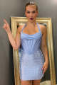 Satin Grey Blue Pearls Corset Halter Neck Tight Short Homecoming Dress
