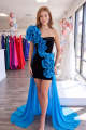 One Shoulder Black Blue Bodycon Floral Short Homecoming Dress with Sash