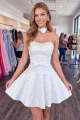 White Sweetheart Pearls Satin A-Line Short Homecoming Dress with Bow