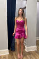 Fuchsia Bodycon Sweetheart Corset Satin Beaded Short Homecoming Dress with Ruffles