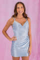 Light Blue Halter Neck Lace Up Back Ruched Satin Tight Short Homecoming Dress with Pearls