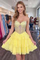 Yellow Sheer Corset Sweetheart Tiered Short Homecoming Dress with Beading