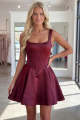 Burgundy Square Neck Corset Satin A-Line Short Homecoming Dress with Beading