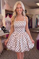 Pink Black Dots Satin A-Line Halter Neck Homecoming Dress