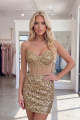 Sparkly Sweetheart Sheer Corset Golden Bodycon Homecoming Dress with Sequins