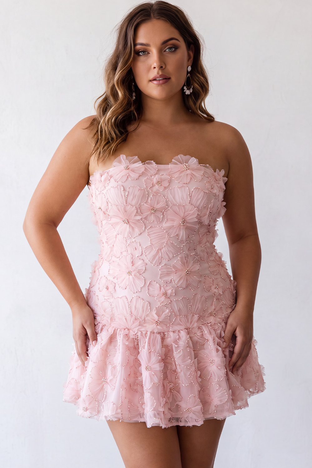 Dressself Women Strapless Pink Plus Size Homecoming Dress Beaded A Line Floral Short Party Dress