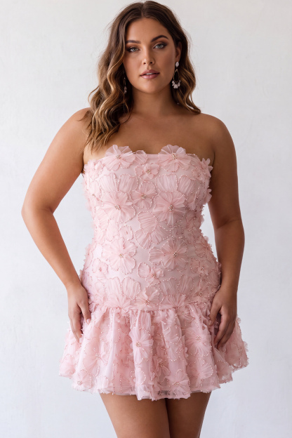 Dressself Women Strapless Pink Plus Size Homecoming Dress Beaded A Line Floral Short Party Dress