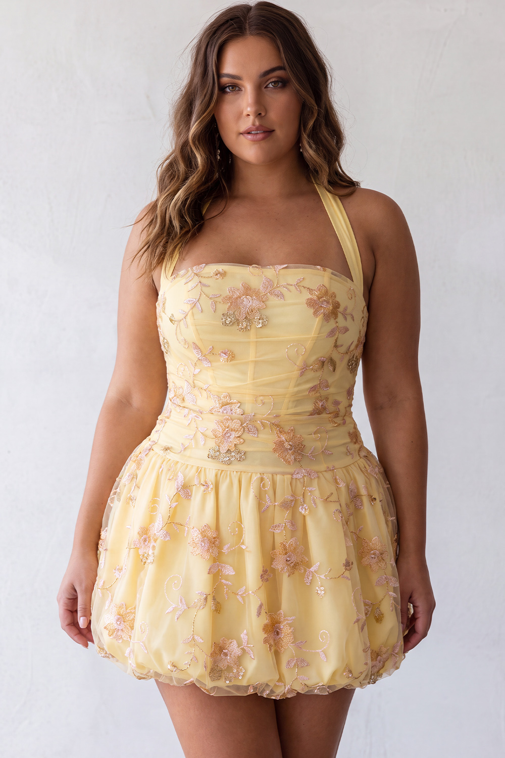 A Line Yellow Floral Embroidered Plus Size Homecoming Dress