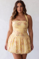 Yellow Plus Size Halter A Line Embroidered Floral Homecoming Dress
