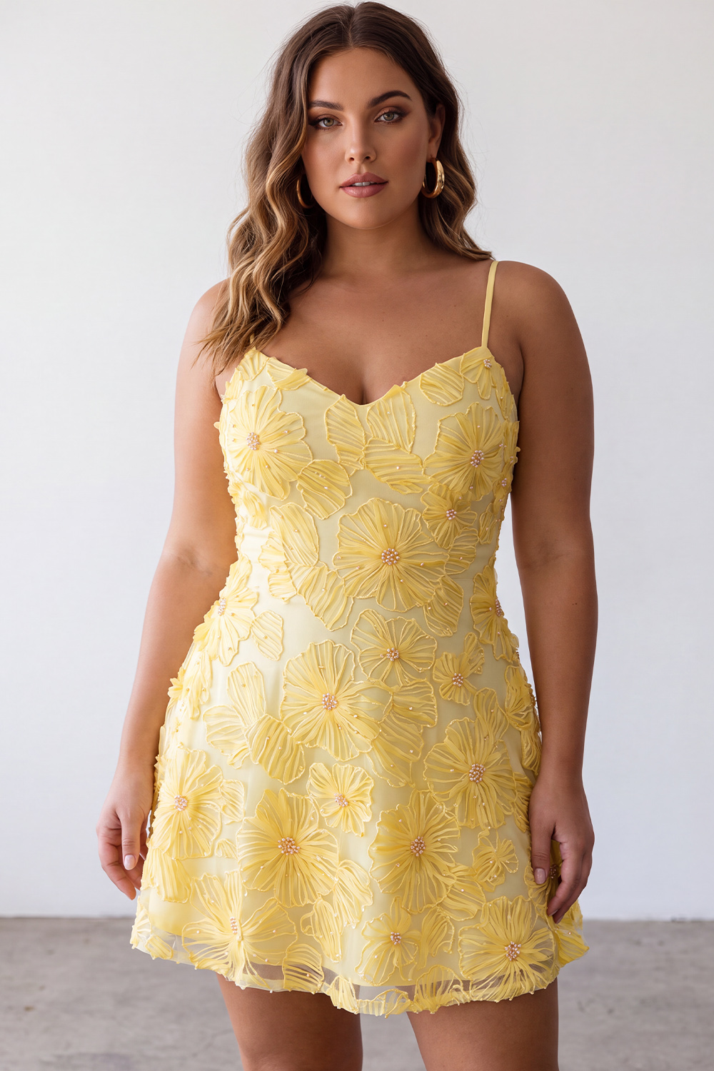 Plus Size Yellow Floral A Line Homecoming Dress with Beadings