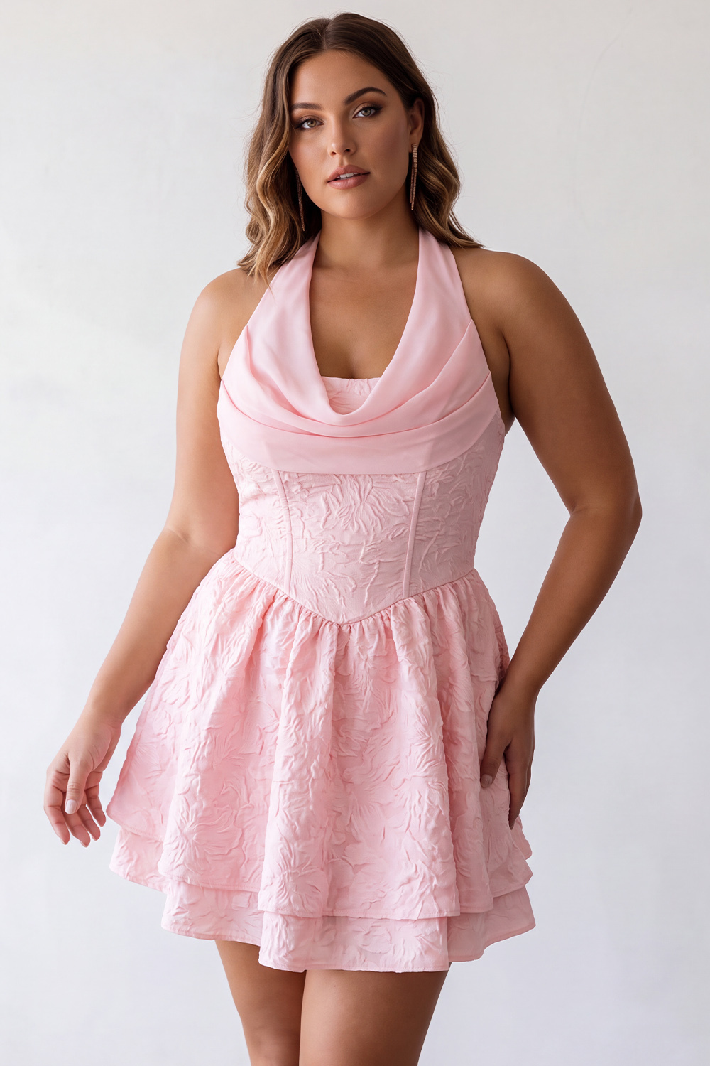 Dressself Women Halter Pink Plus Size Homecoming Dress Floral A Line Tiered Short Party Dress