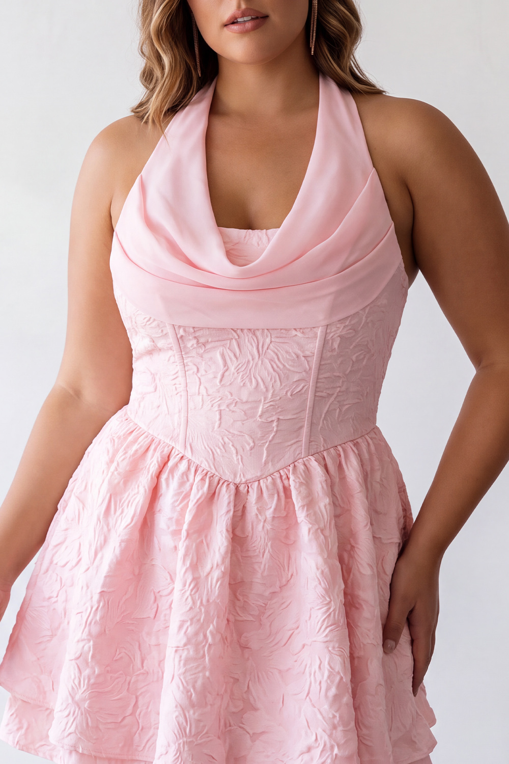 Halter Pink A Line Floral Plus Size Tiered Homecoming Dress