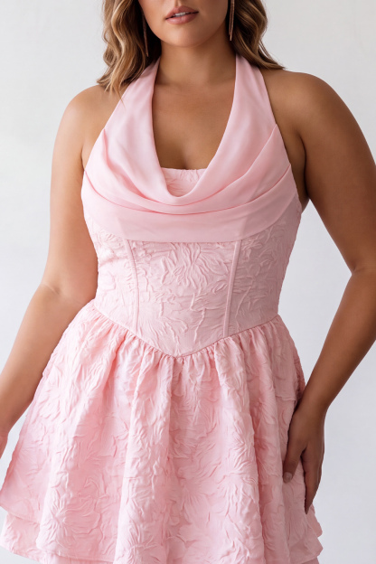 Halter Pink A Line Floral Plus Size Tiered Homecoming Dress