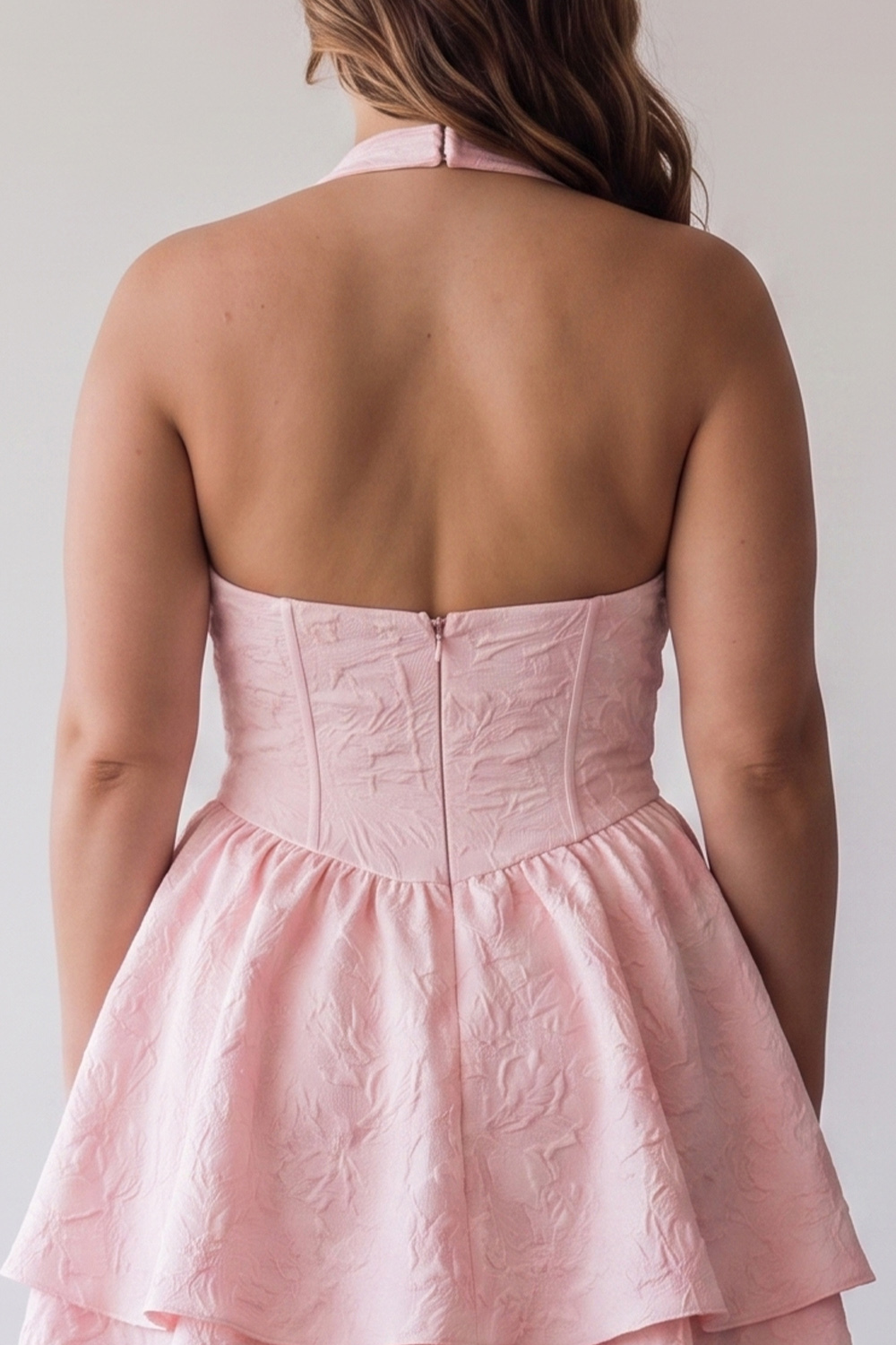 Halter Pink A Line Floral Plus Size Tiered Homecoming Dress