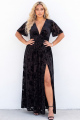 Black Burnout Velvet A Line V Neck Plus Size Formal Dress with Slit