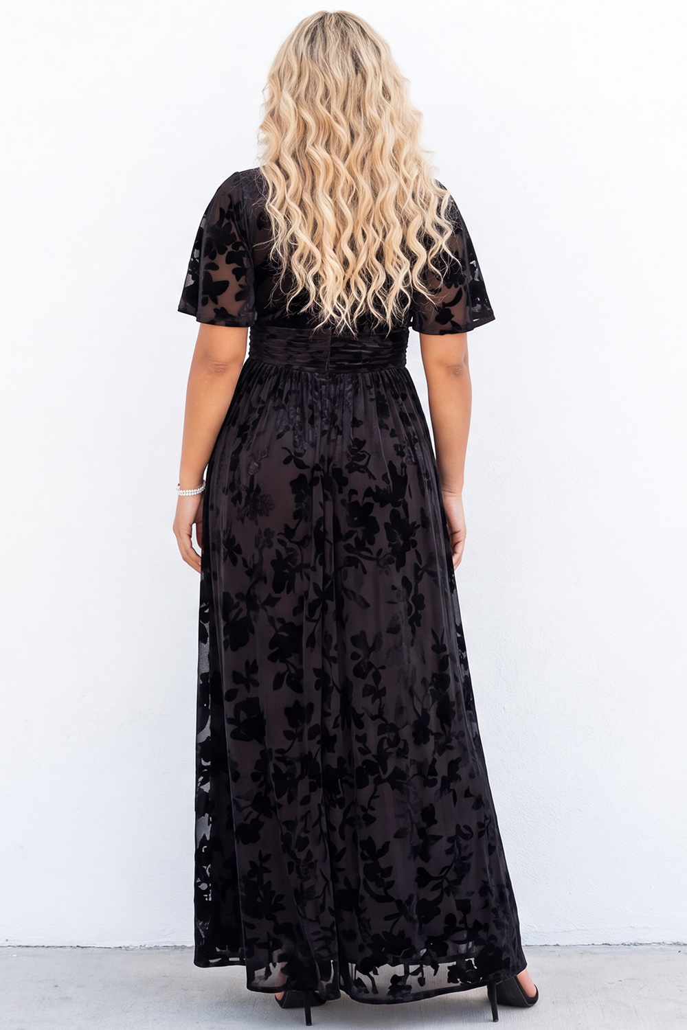 Black A Line V Neck Floral Plus Size Formal Dress with Slit