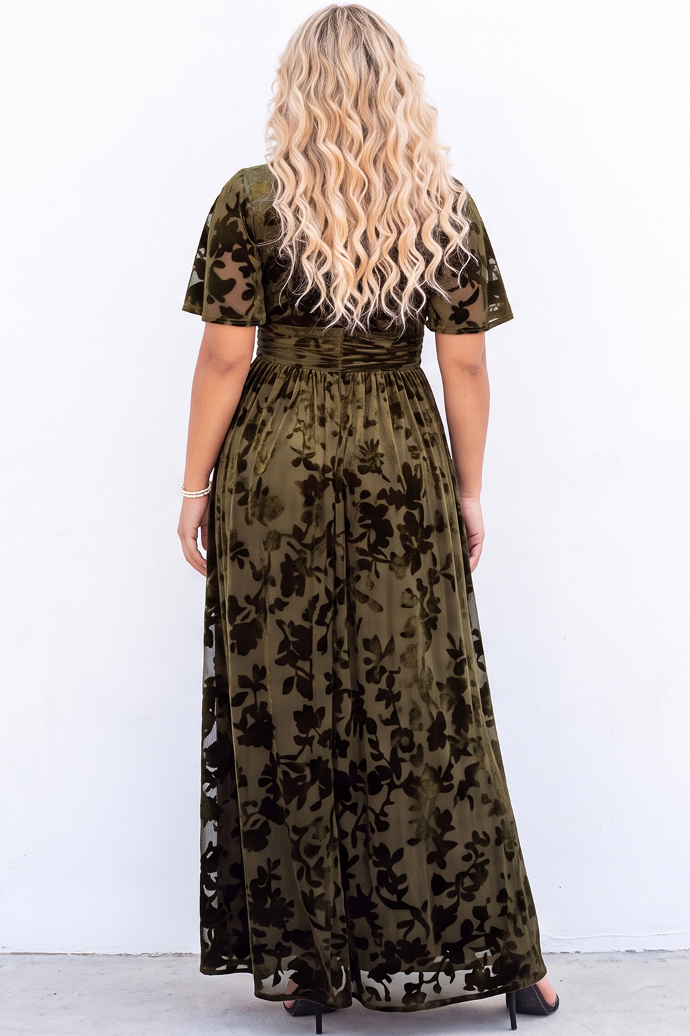 Olive Velvet A Line V Neck Plus Size Formal Dress with Half Sleeves
