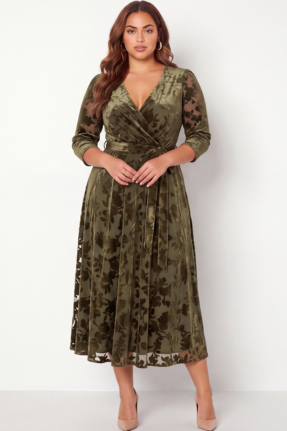 Plus Size Peacock Blue Floral V Neck A Line Formal Dress with 3/4 Sleeves