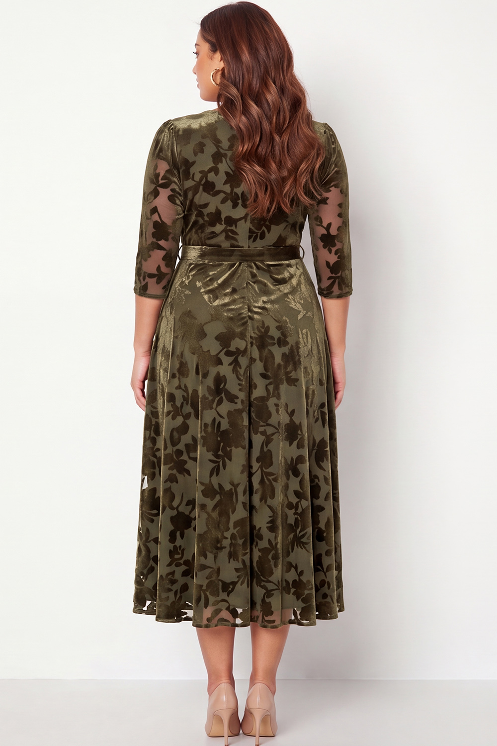 Plus Size Peacock Blue Floral V Neck A Line Formal Dress with 3/4 Sleeves