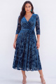 Peacock Blue Plus Size Burnout Velvet V Neck A Line Midi Dress with 3/4 Sleeves