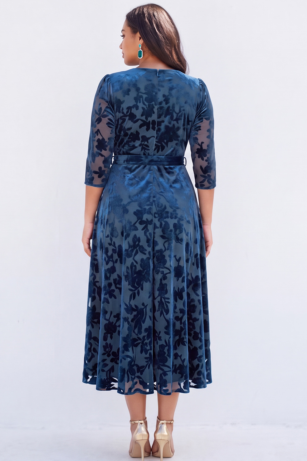 Plus Size Peacock Blue Floral V Neck A Line Formal Dress with 3/4 Sleeves