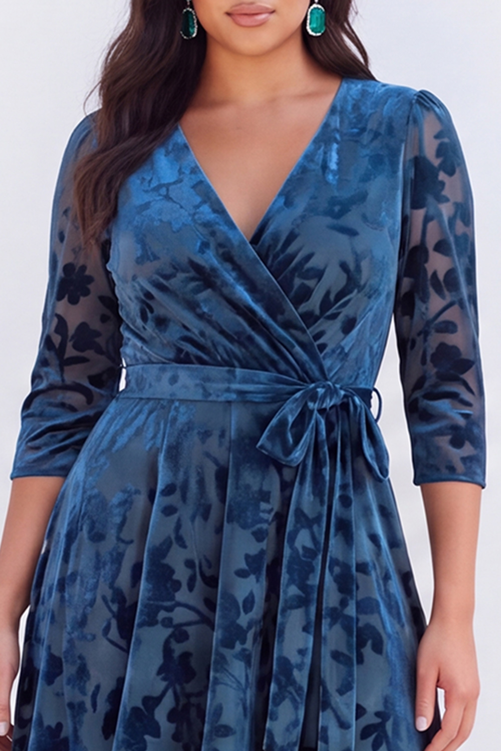 Plus Size Peacock Blue Floral V Neck A Line Formal Dress with 3/4 Sleeves