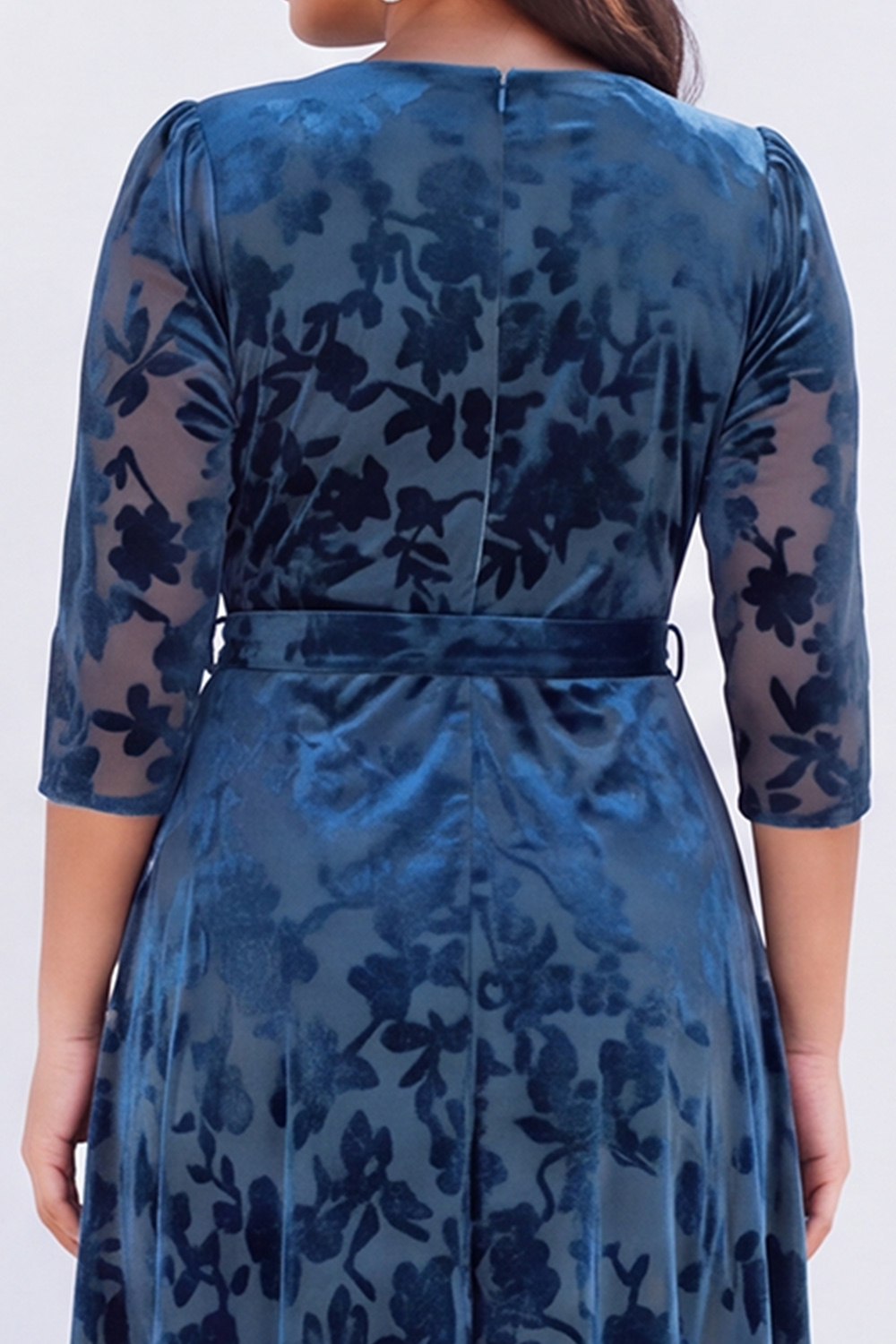 Plus Size Peacock Blue Floral V Neck A Line Formal Dress with 3/4 Sleeves
