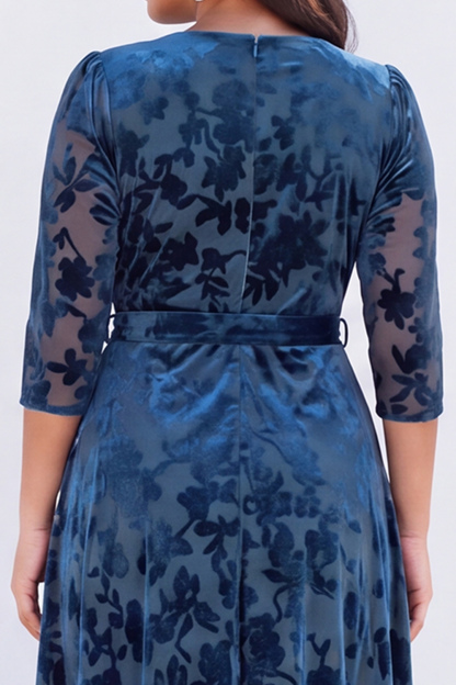 Plus Size Peacock Blue Floral V Neck A Line Formal Dress with 3/4 Sleeves