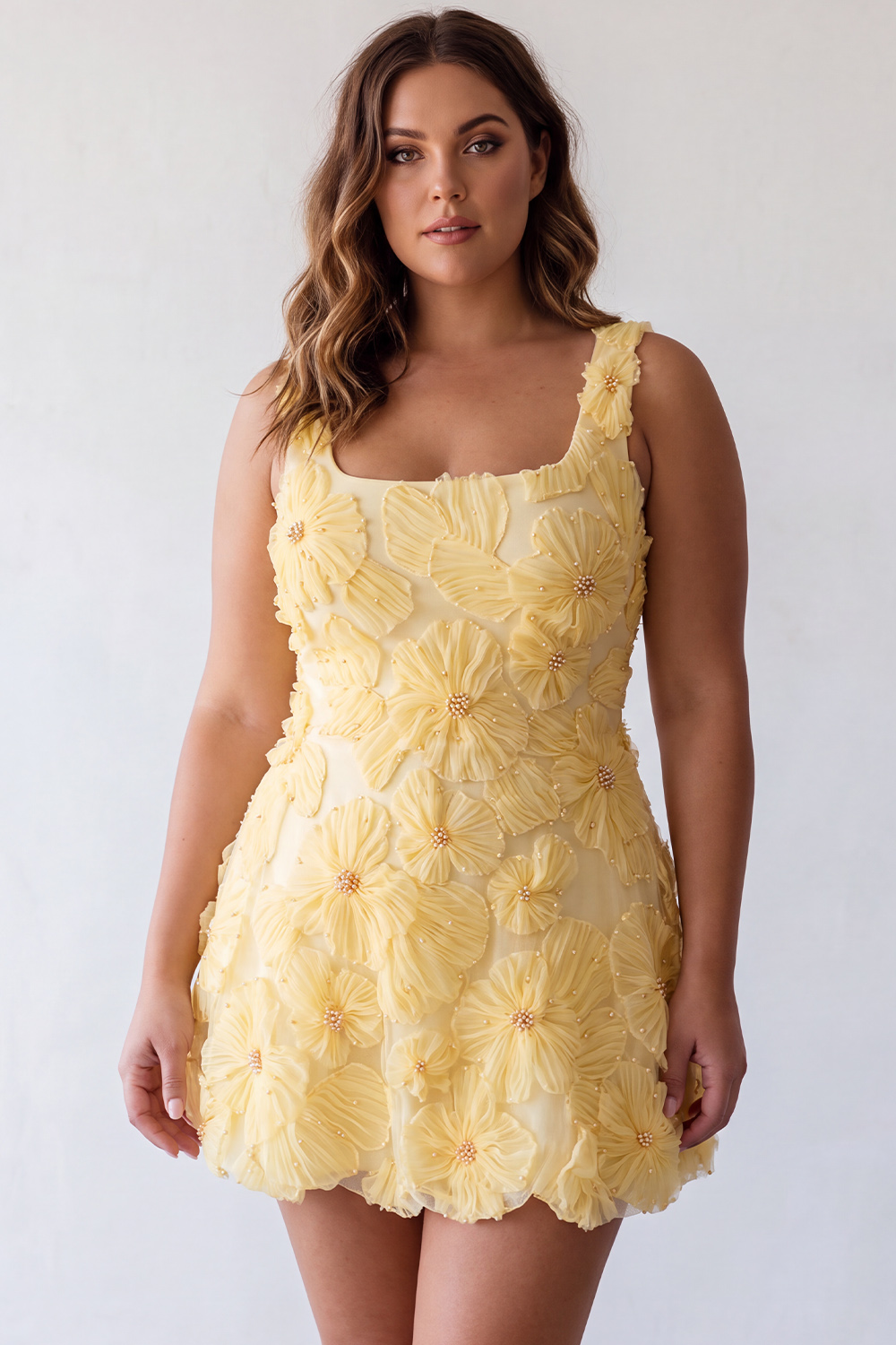 Yellow A Line Floral Square Neck Plus Size Homecoming Dress