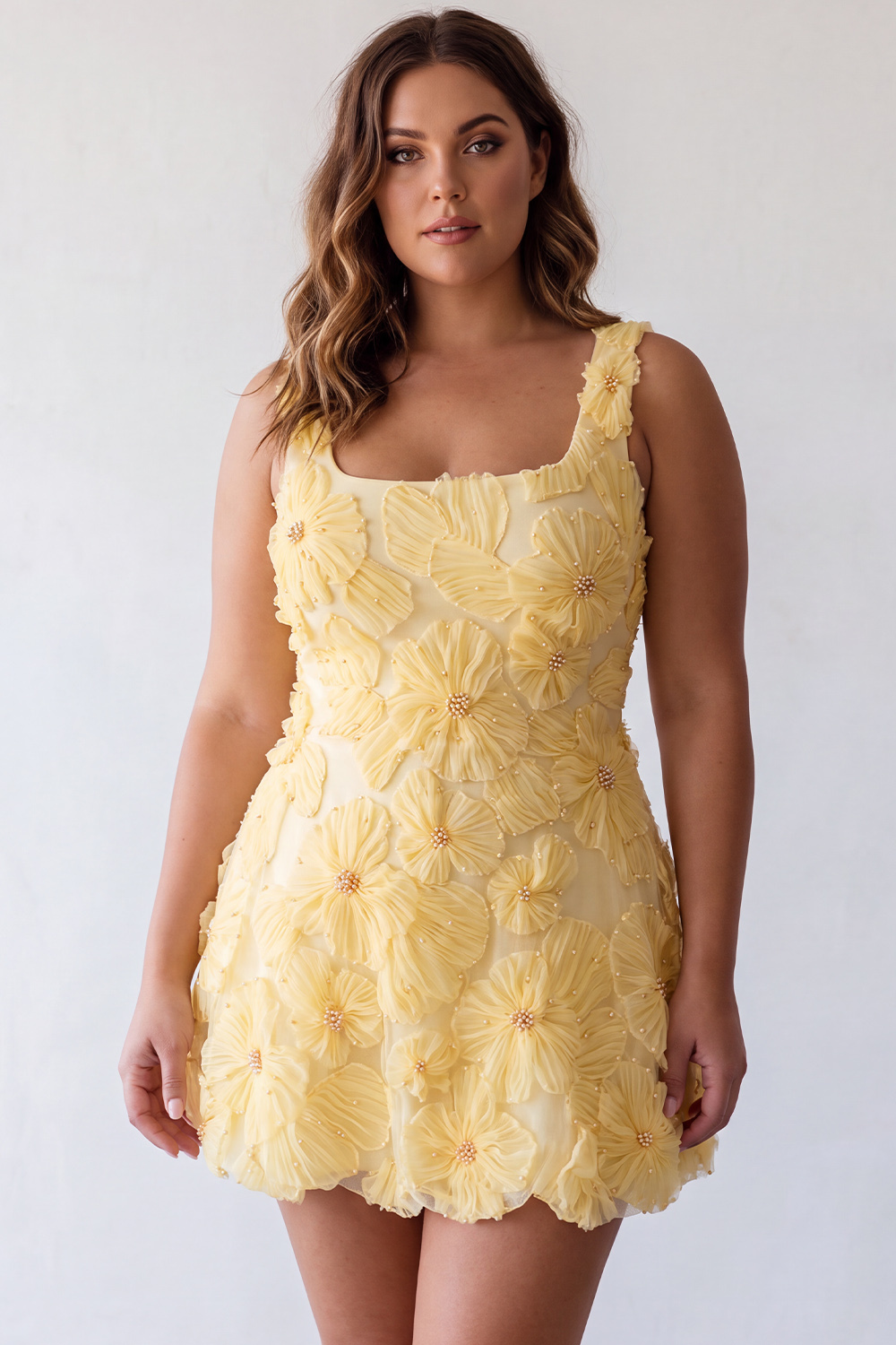 Dressself Women Yellow Floral Plus Size Homecoming Dress A Line Square Neck Beaded Party Dress