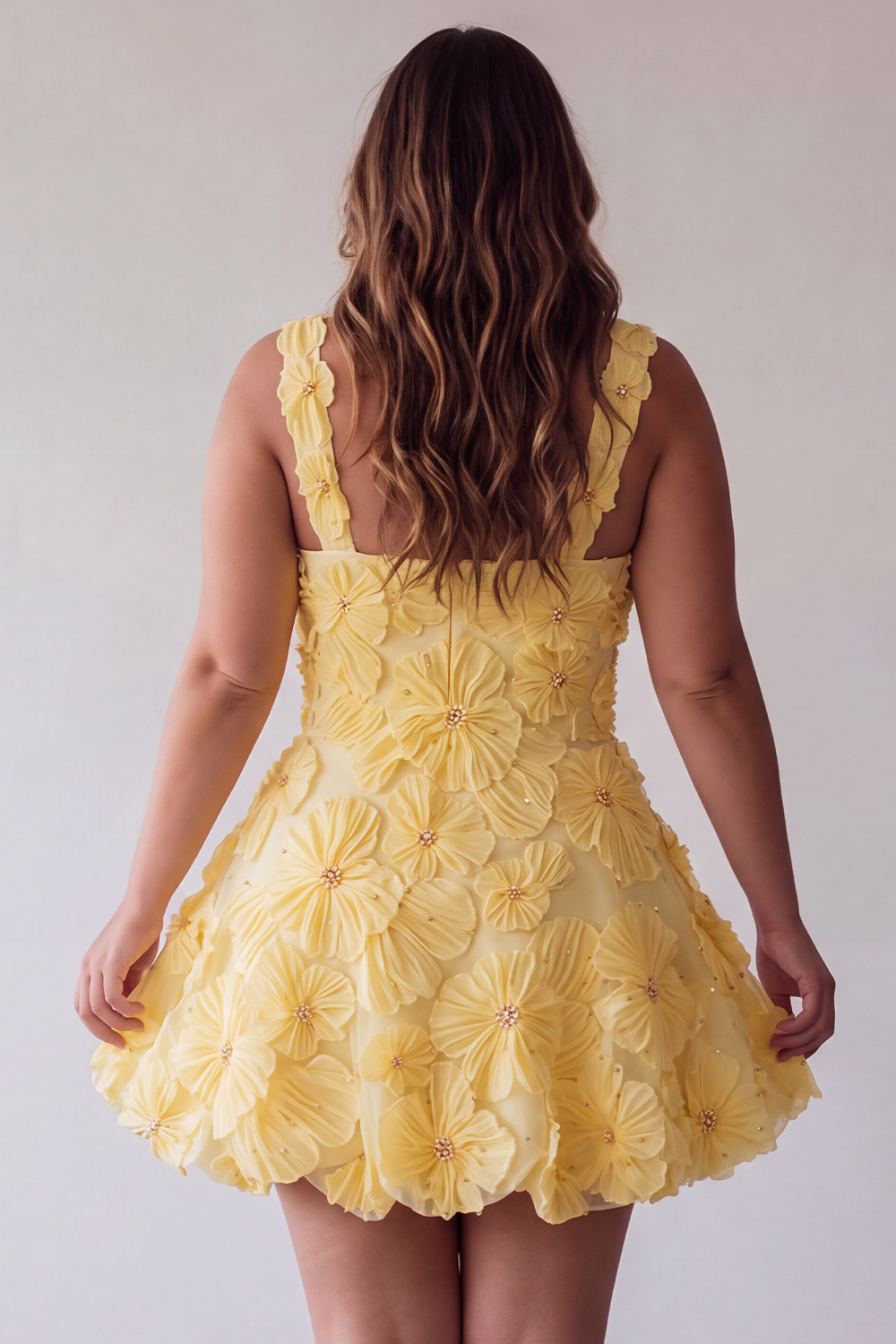Yellow A Line Floral Square Neck Plus Size Homecoming Dress