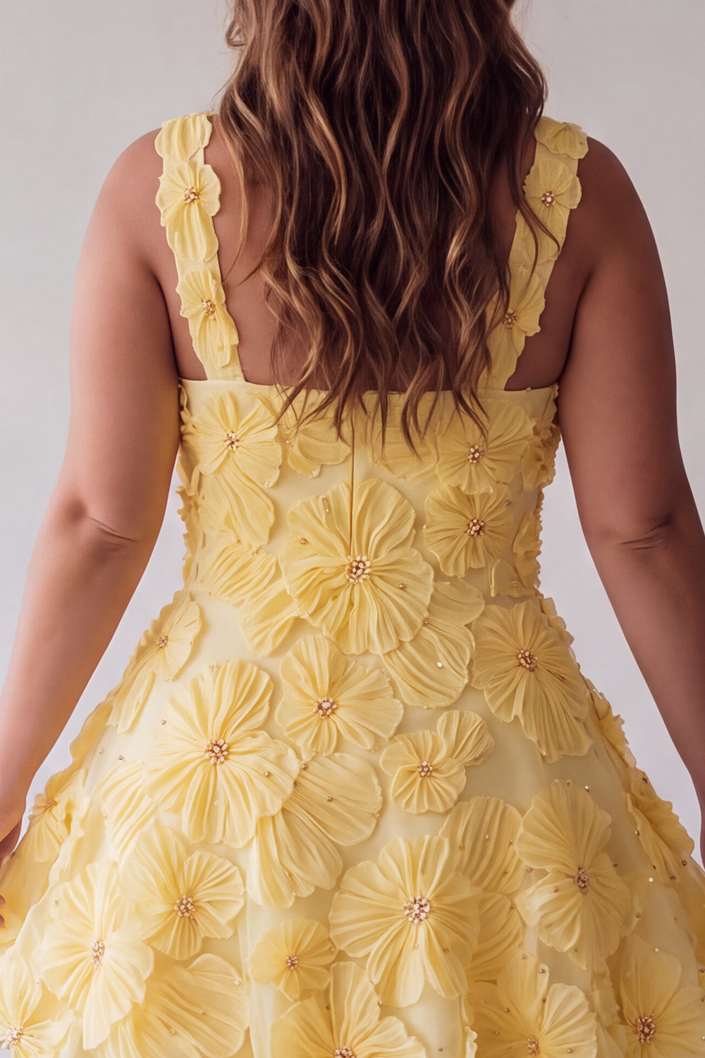 Yellow A Line Floral Square Neck Plus Size Homecoming Dress