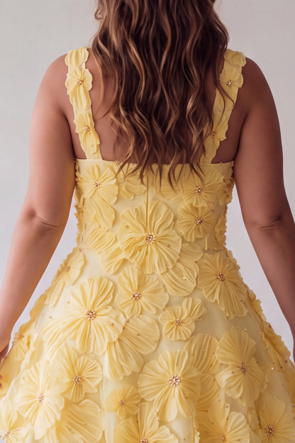 Yellow A Line Floral Square Neck Plus Size Homecoming Dress