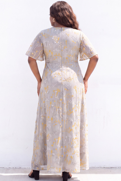 Plus Size Black White Floral V Neck A Line Maxi Dress